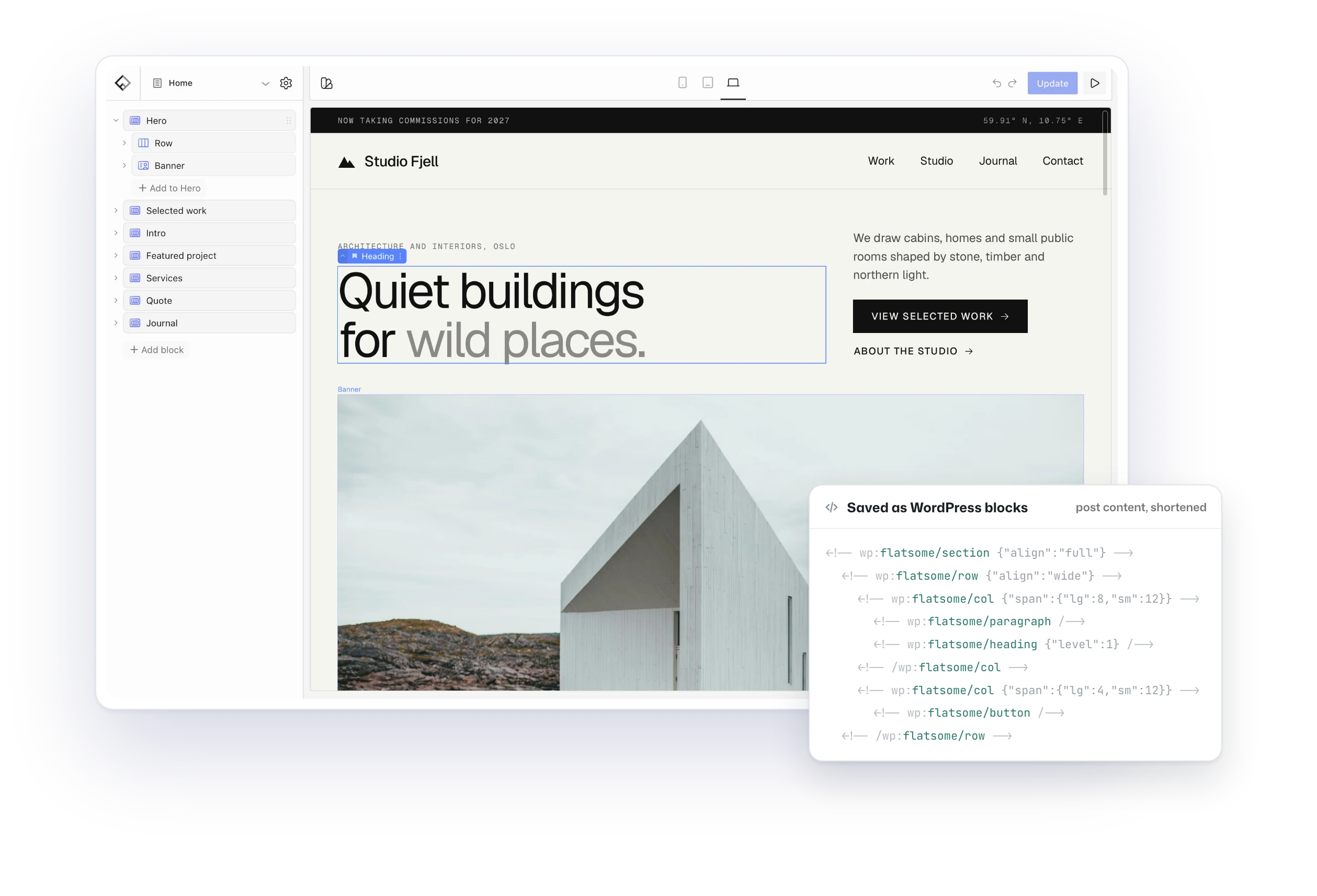 The Site Builder editor on the Studio Fjell home page, with the page saved as WordPress block markup