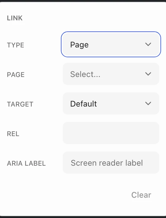 Link settings with Type, Page, Target, Rel, and Aria label