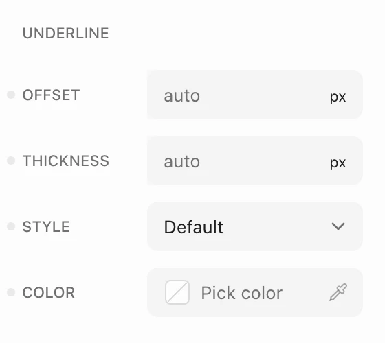 Link underline settings with Offset, Thickness, Style, and Color