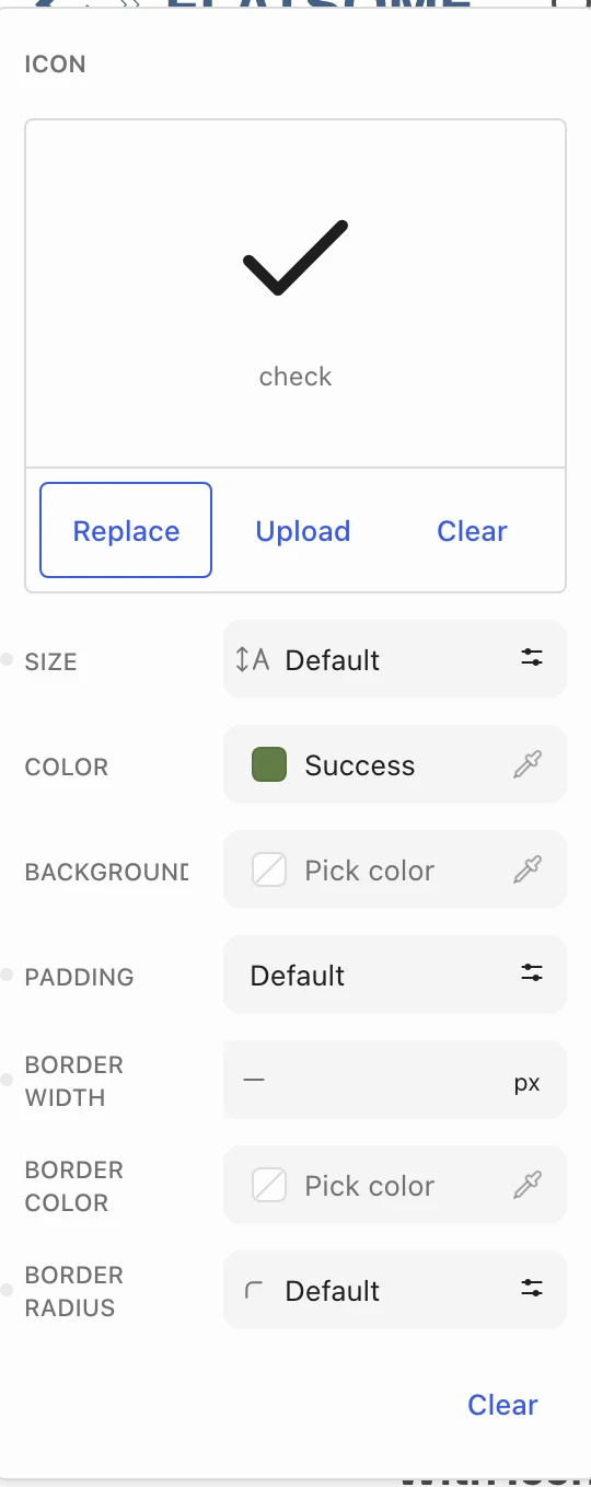 List icon settings with the icon, Size, Color, Background, Padding, and border