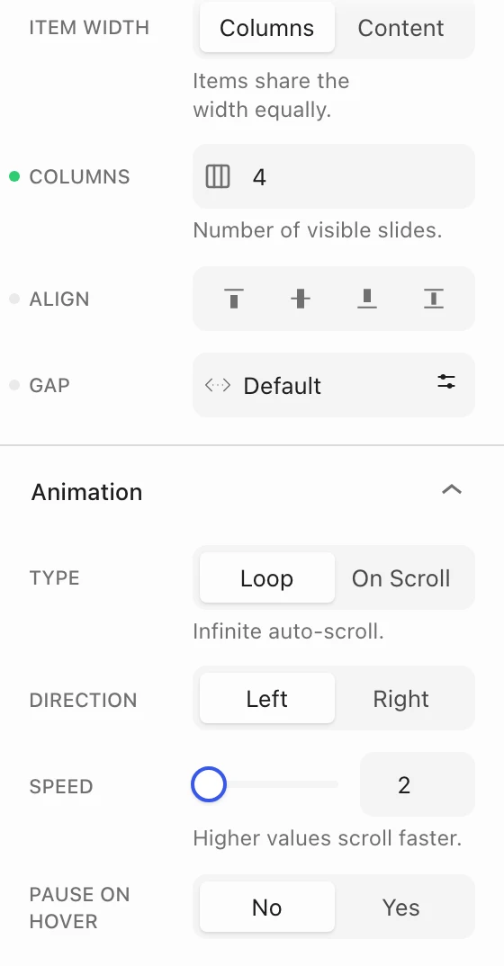 Marquee settings with Item width, Columns, Gap, and the Animation panel