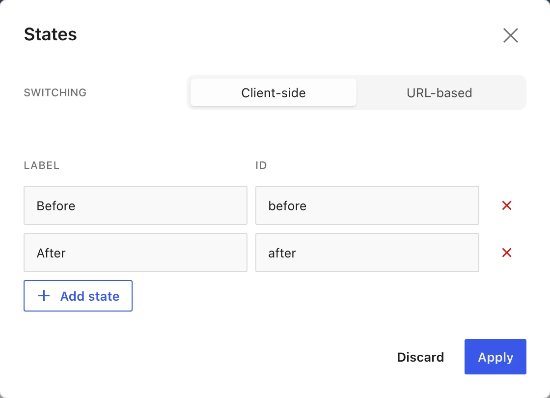 The States dialog with Switching and two states, Before and After