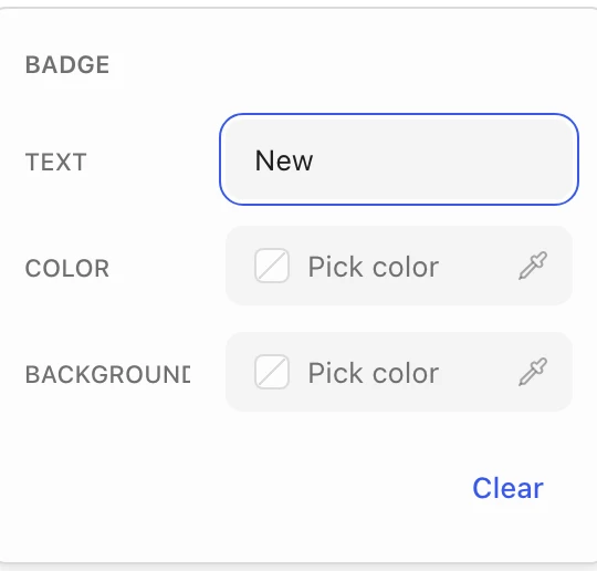 Badge settings on a tab with Text, Color, and Background