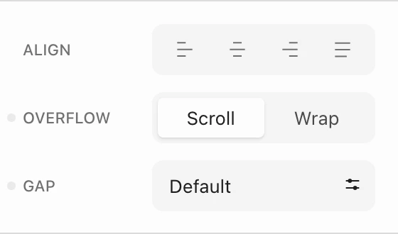 Tab List settings with Align, Overflow, and Gap