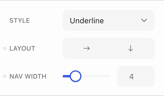 Tabs settings with Style, Layout, and Nav width