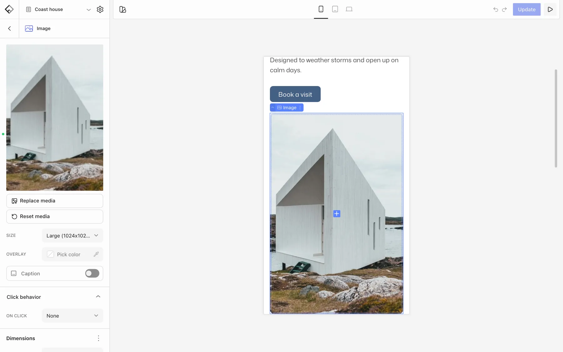 An Image block in the Mobile preview showing a portrait version of the photo
