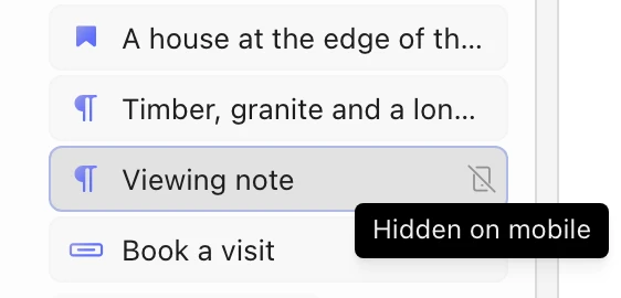 The list of blocks with a Hidden on mobile mark and tooltip next to the Viewing note block