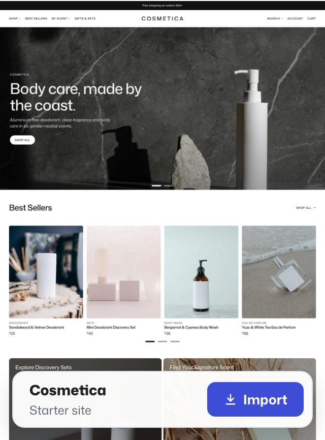 Cosmetica starter site with an Import button