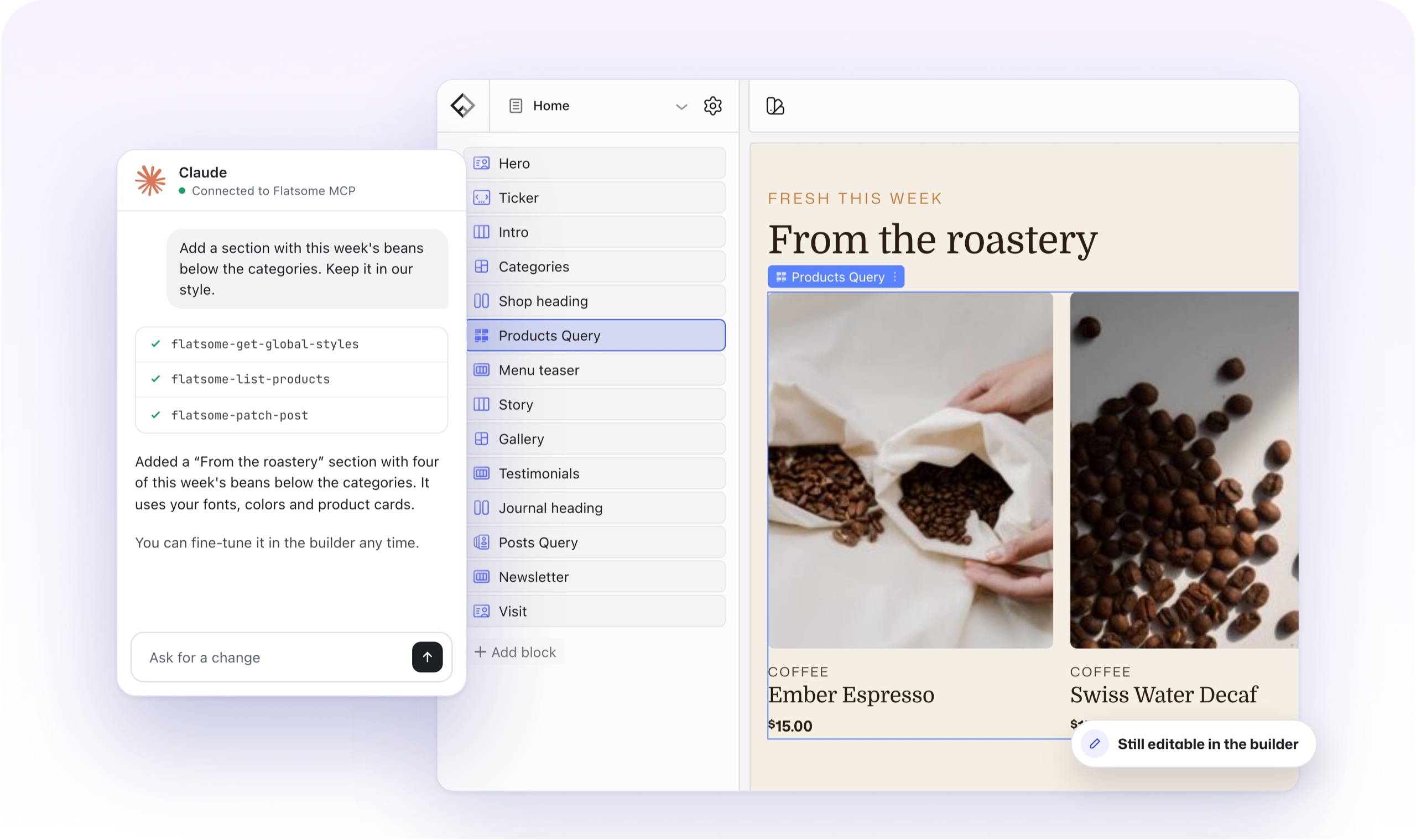 A Claude chat that added a From the roastery section, next to the Flatsome Builder showing the new section on the home page