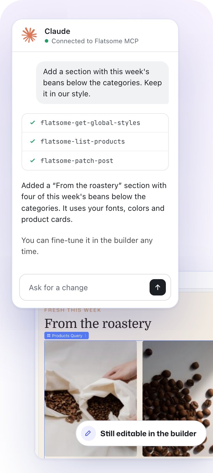 A Claude chat that added a From the roastery section, above the Flatsome Builder showing the new section