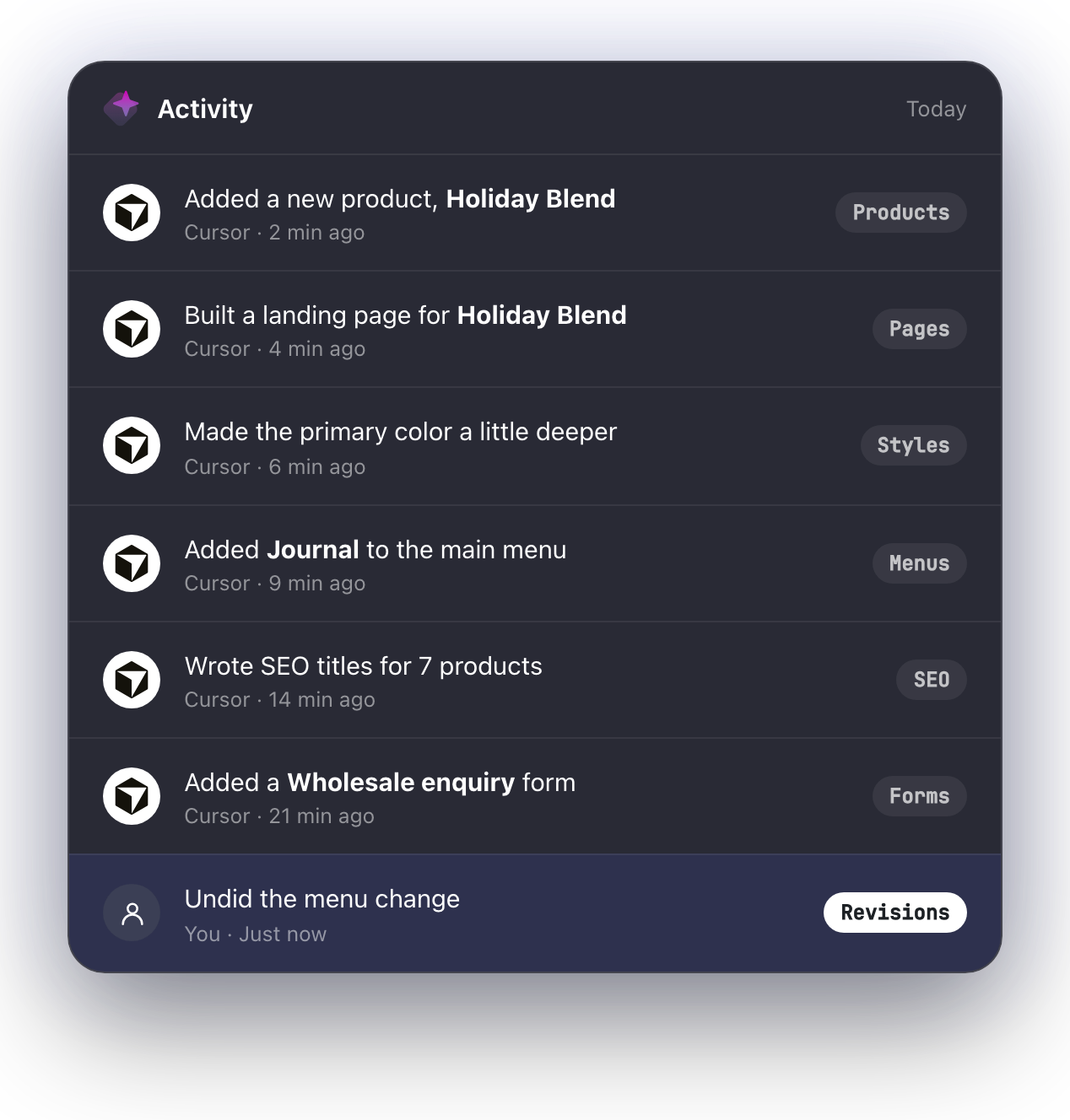 Activity feed of changes Cursor made today across products, pages, styles, menus, SEO and forms, with one change undone from Revisions