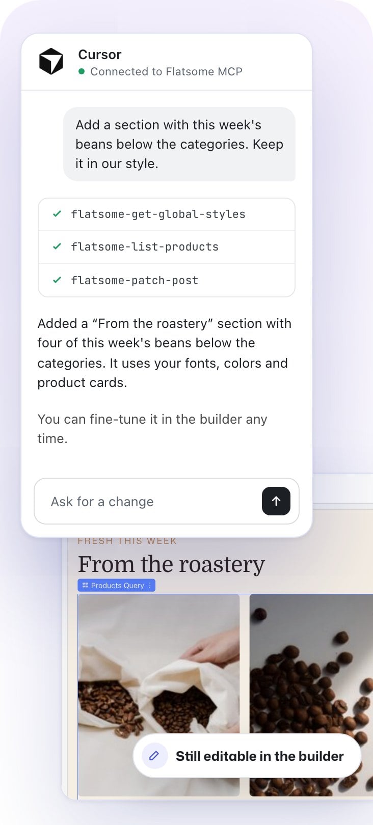 A Cursor chat that added a From the roastery section, above the Flatsome Builder showing the new section