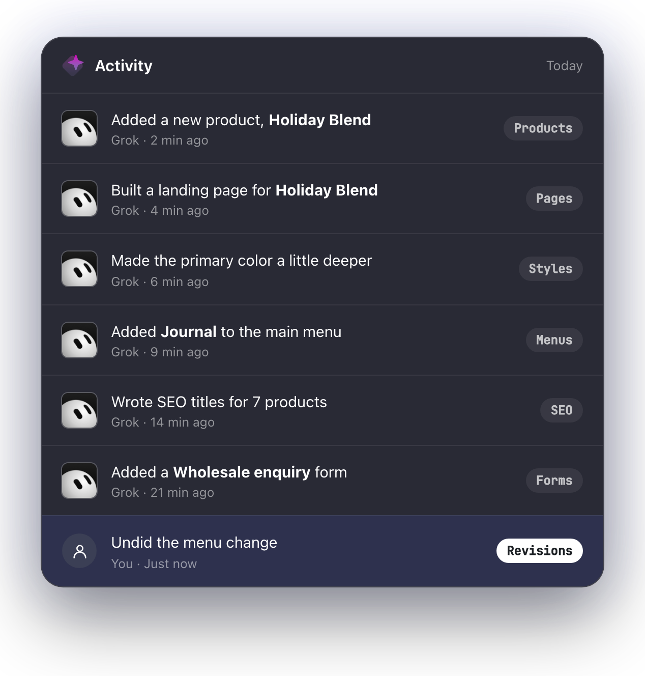 Activity feed of changes Grok made today across products, pages, styles, menus, SEO and forms, with one change undone from Revisions