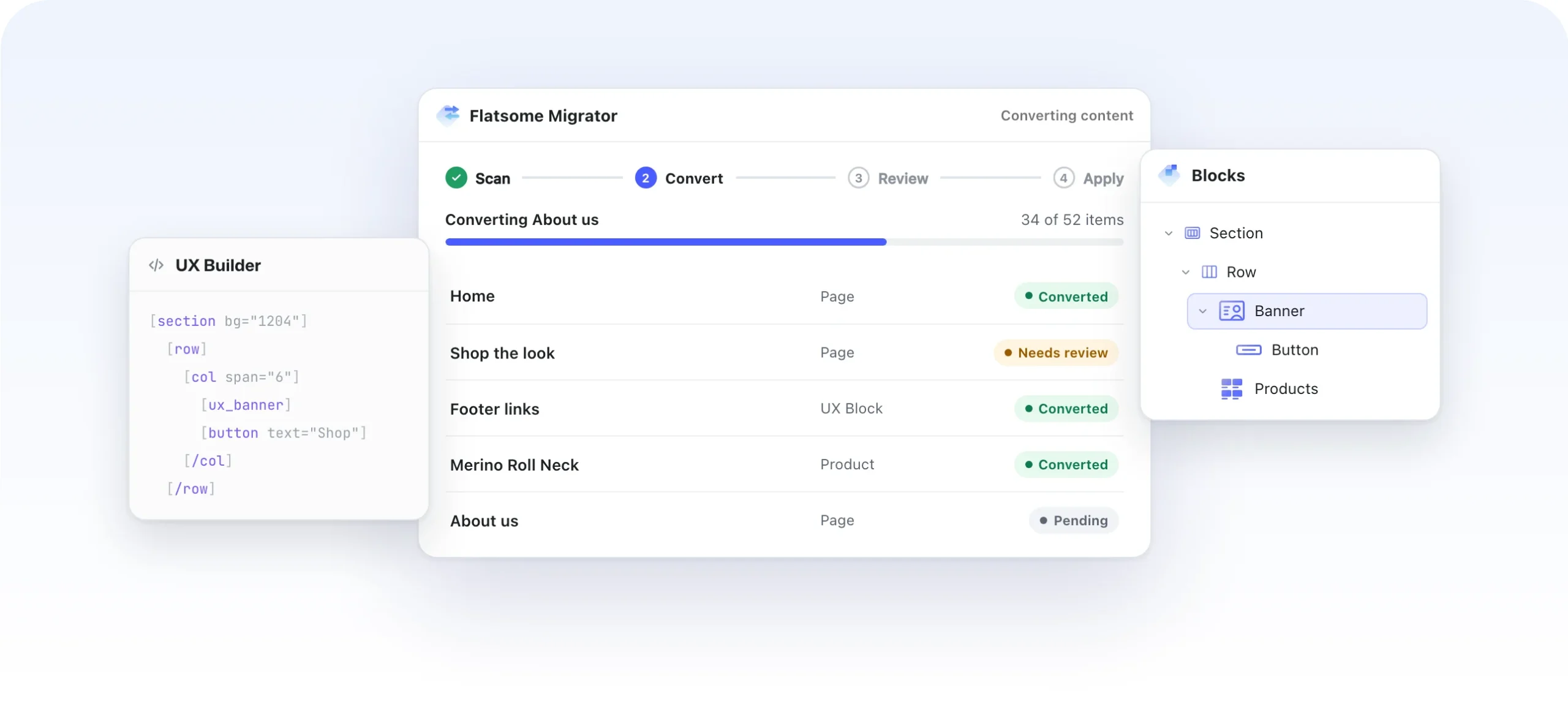 The Flatsome Migrator converting Classic pages, UX Blocks and products to blocks, with their status