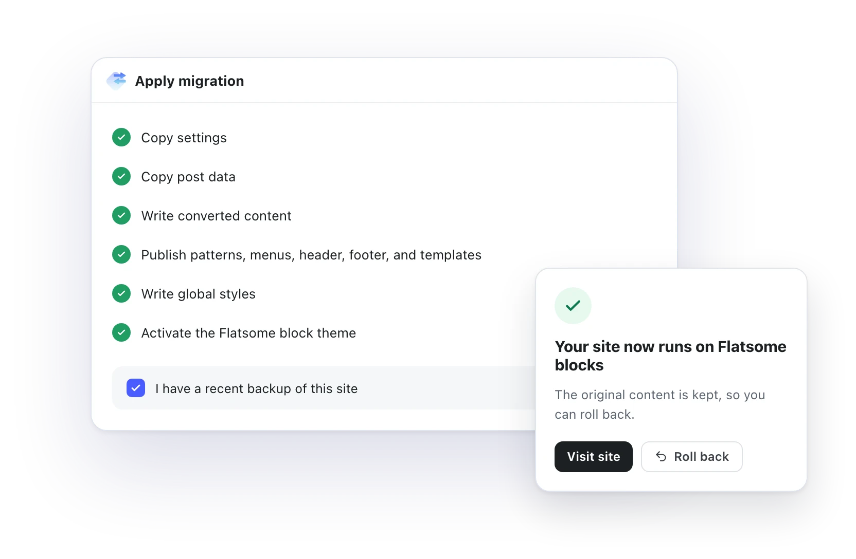 Apply migration steps all done, with the option to visit the site or roll back