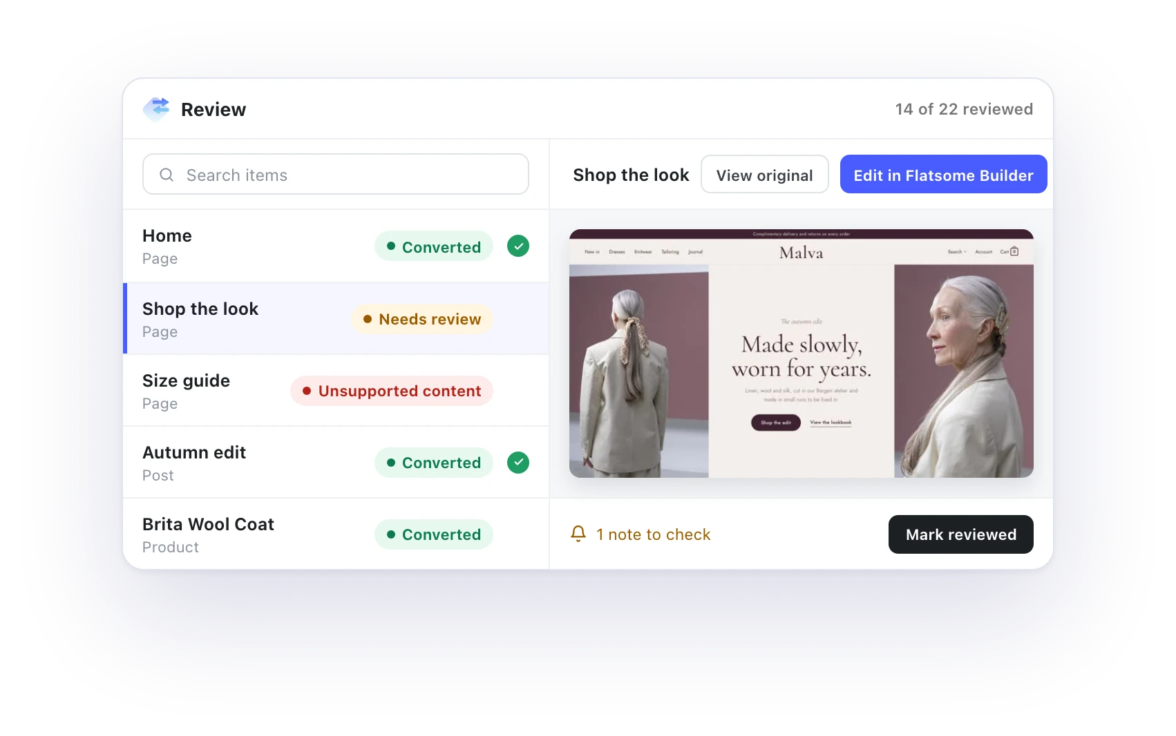 The migration review list with converted pages and items that need a check, next to a page preview