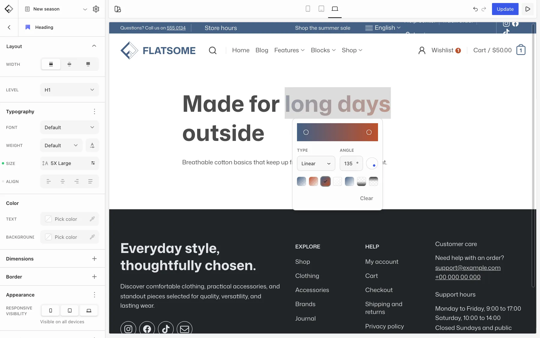The Builder with the words long days selected in a heading and the Gradient picker open, showing the gradient on the selected words