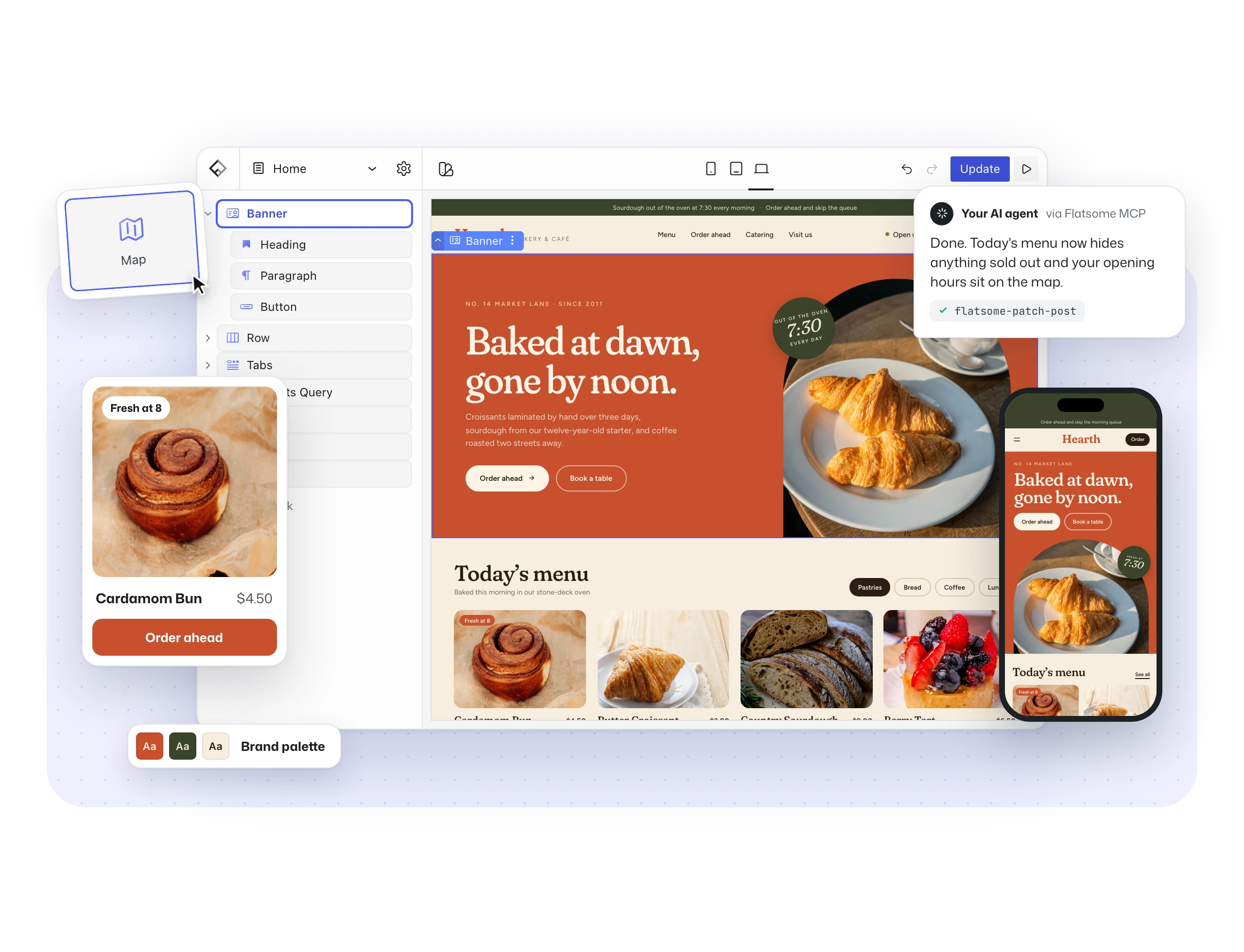 The Flatsome Builder editing a cafe website, with a menu item card, a block being added, the brand palette, an AI agent reply and a phone preview