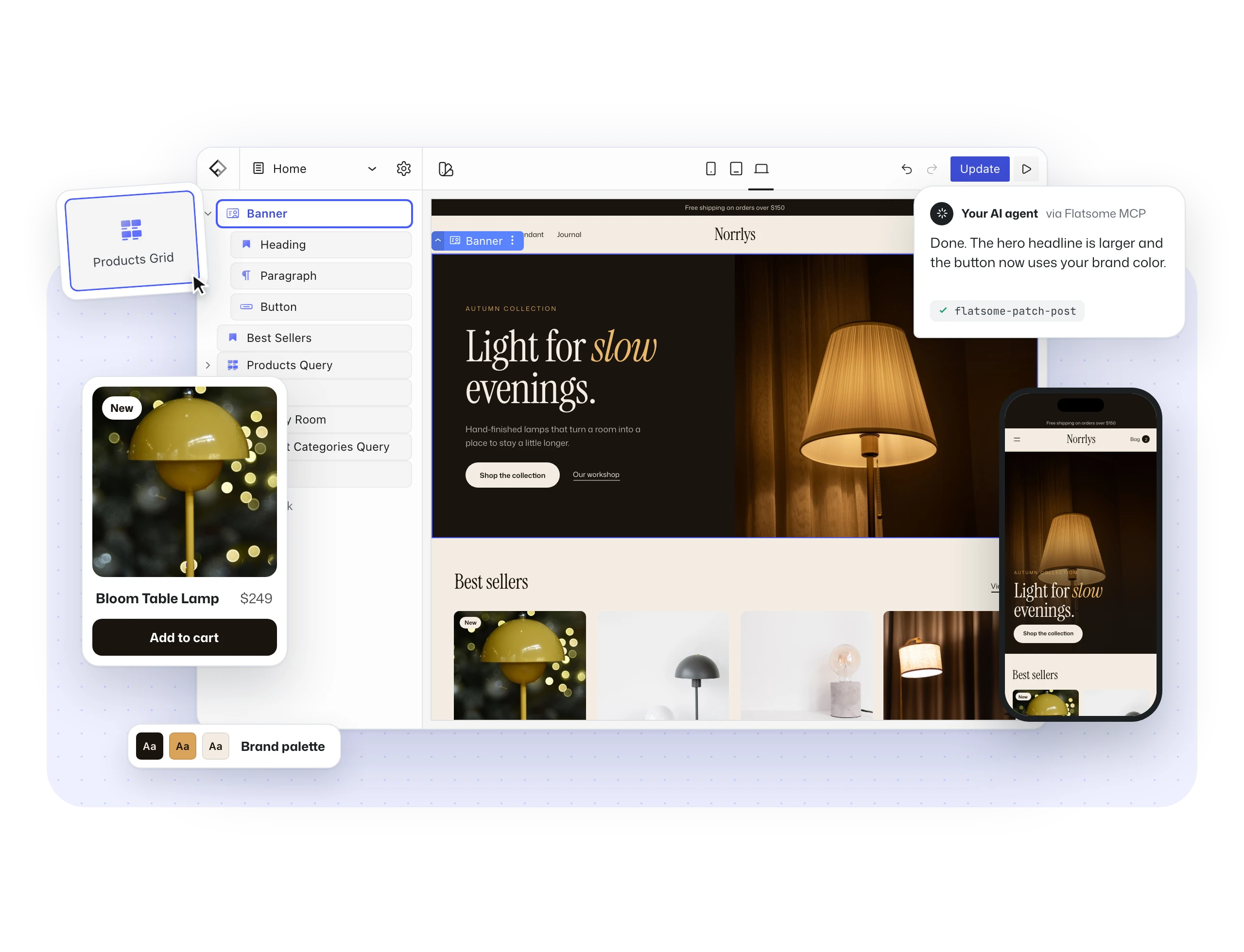 The Flatsome Builder editing a lighting store, with a product card, a block being added, the brand palette, an AI agent reply and a phone preview