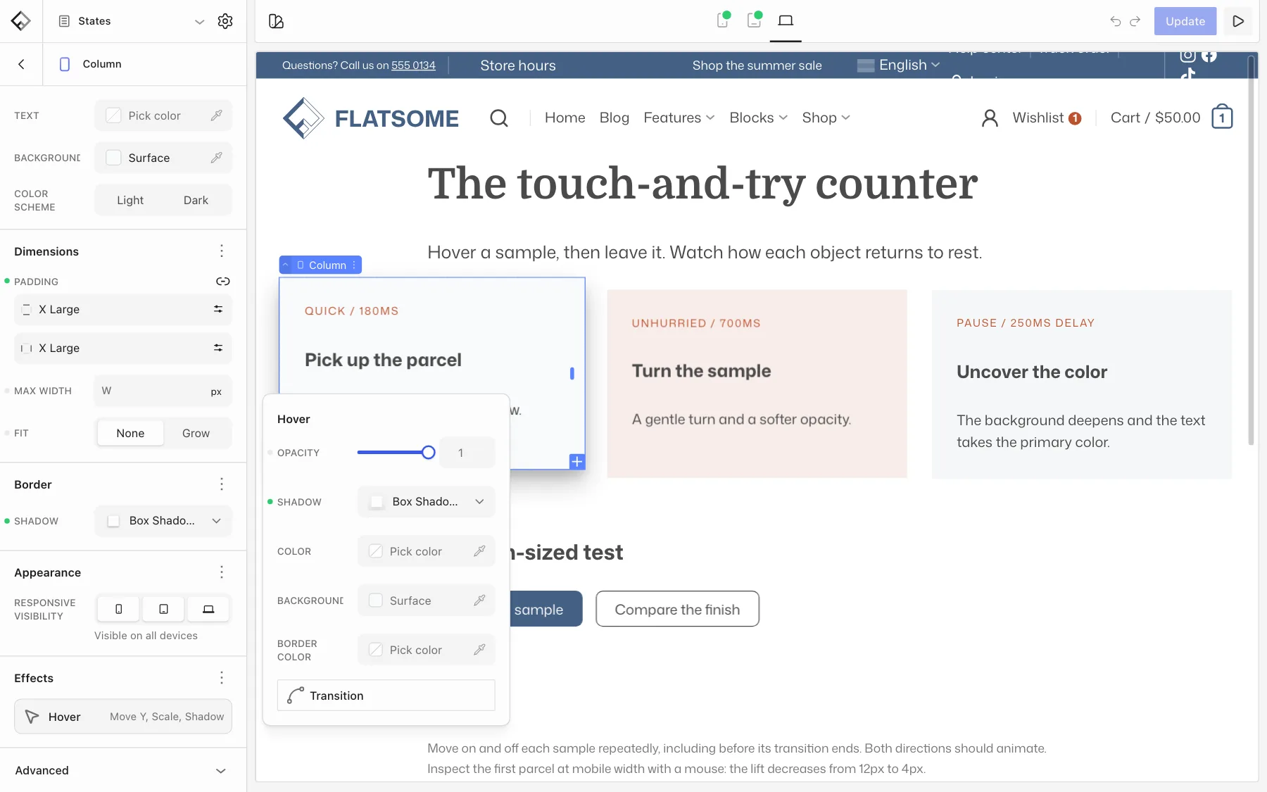 The Builder with a card selected and its Hover settings open, while the canvas shows the card lifted with a deeper shadow