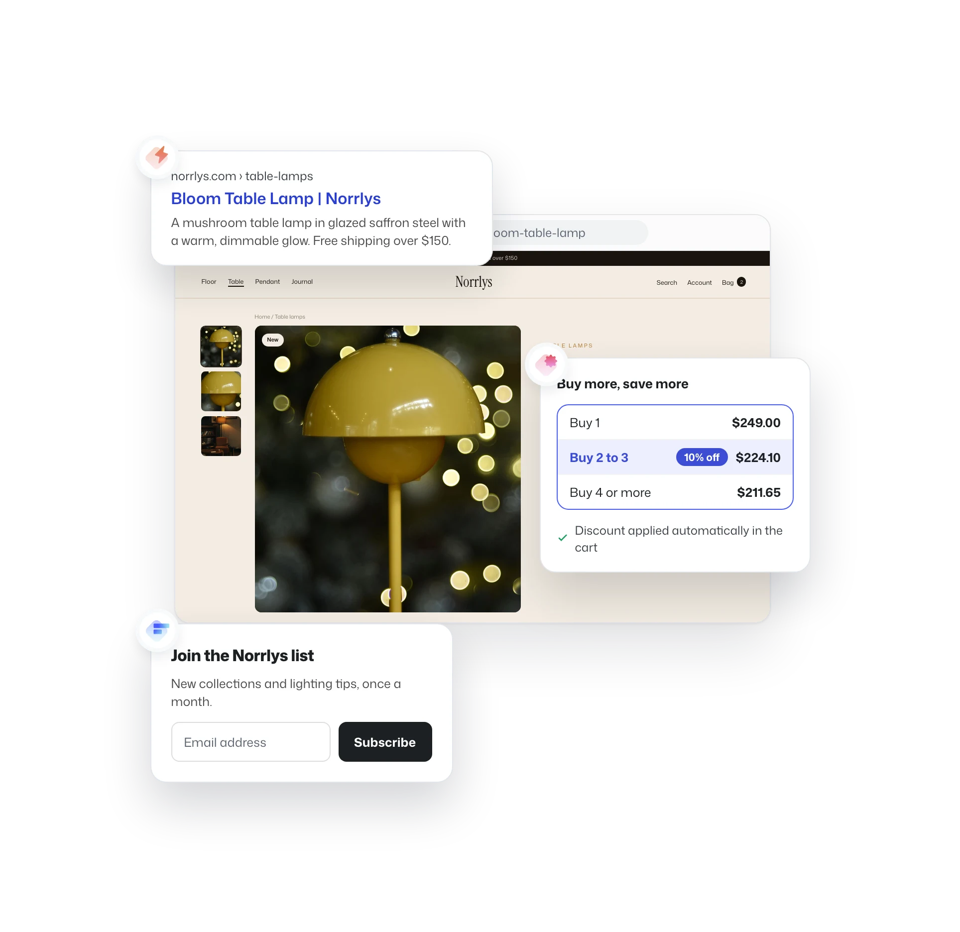 A lighting store product page with a search result preview, quantity discount tiers and a newsletter signup