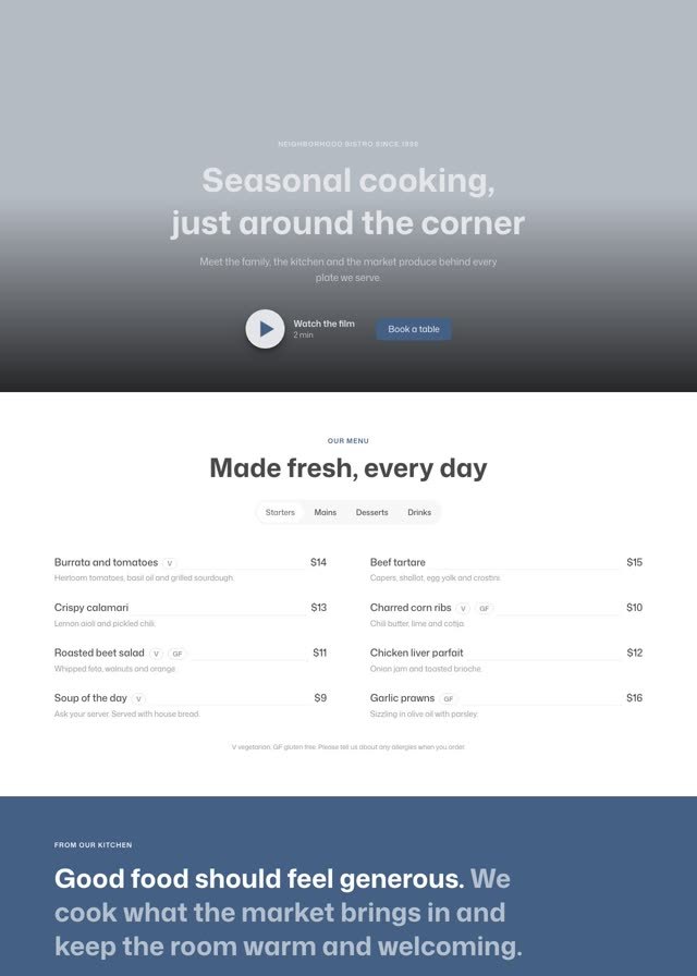 The Restaurant homepage pattern