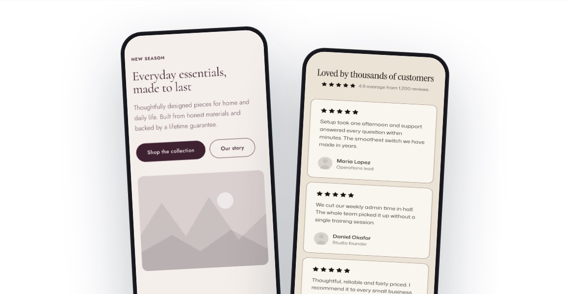 Two phones showing a hero and testimonial cards pattern