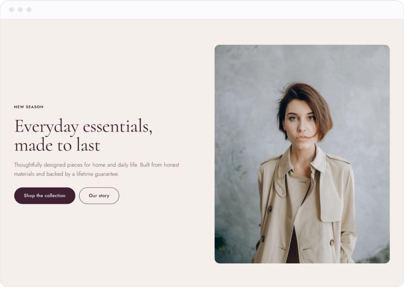 The Hero split with image pattern on the Malva template, with its fonts, colors and photos