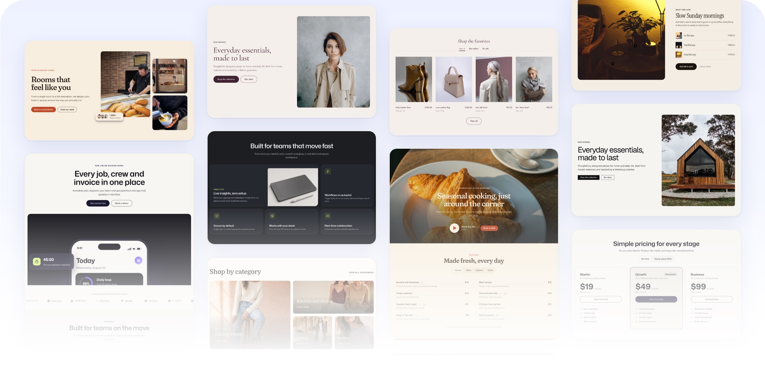 Patterns from the Flatsome library shown on our templates: heroes, product tabs, a feature bento, pricing tiers, testimonials and whole pages