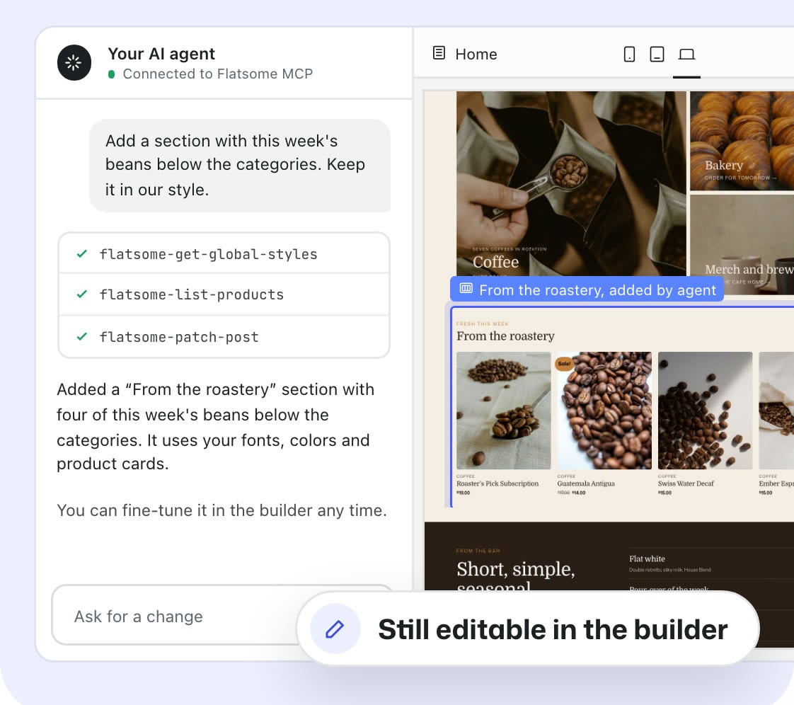 An AI agent chat next to the Builder canvas, where the agent has added a From the roastery product section