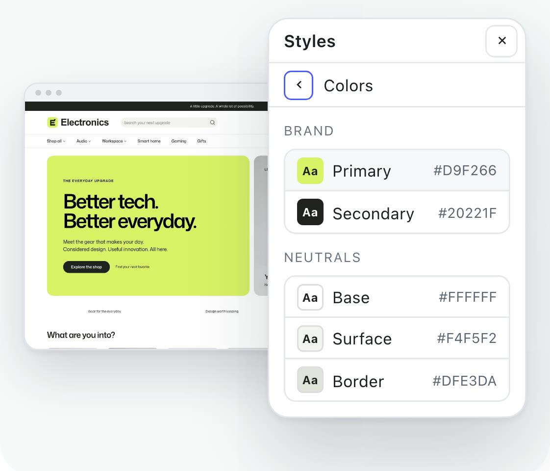 The Electronics demo next to the Styles panel, with the Primary brand color selected