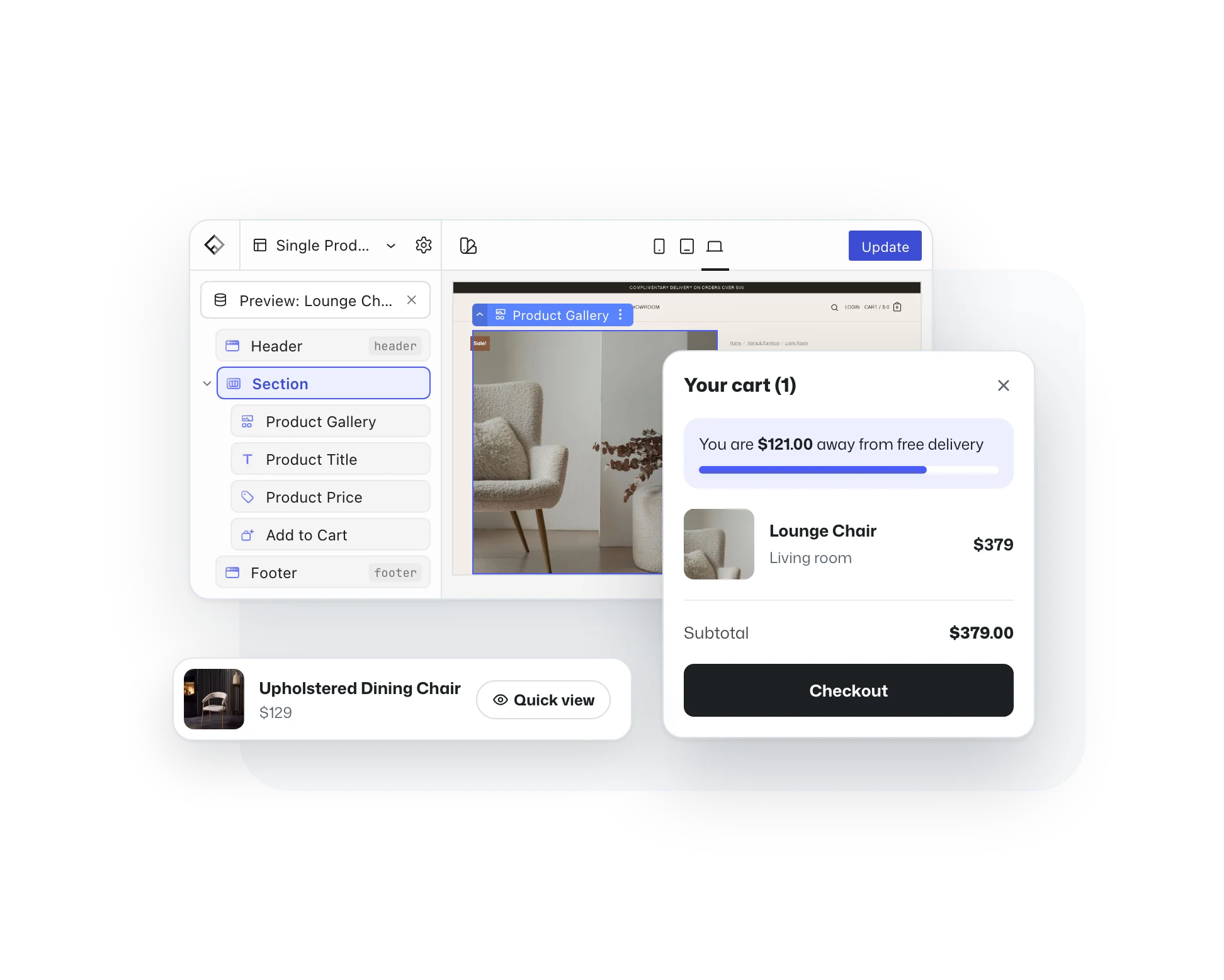 The Flatsome Builder editing a WooCommerce single product template with a mini cart drawer and a quick view button